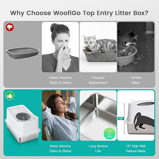 WoofiGo Stainless Steel Cat Litter Box, Large Top Entry Litter Box for Big Cats, Enclosed Kitty Litter Pan with Lid, Metal Cat Box Never Absorbs Odors, Easily Cleaning, Include Scoop