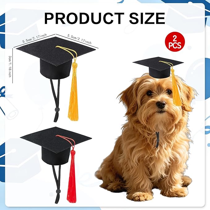Mini Graduation Caps with Gold and Red Tassel, 2 Pack Black Mini Graduation Caps, Small Animal Bachelor Hats for Adjustable Pet Graduation Photo Props Cat Dog Holiday Costume Accessories