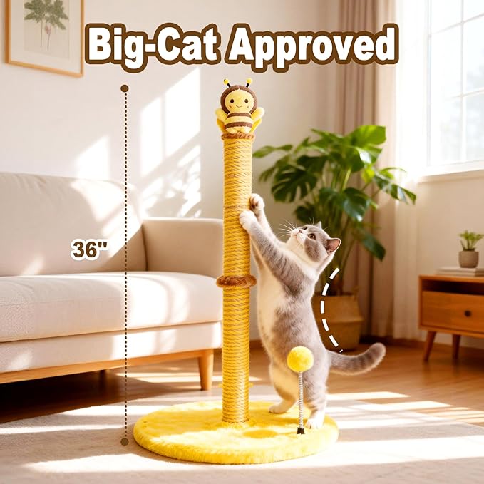 Bee Cat Scratching Post, 36" Tall Cat Scratcher for Indoor Cats - Modern Sisal Scratch Post with Dangling Ball & Plush Toys for Kittens and Adult Cats