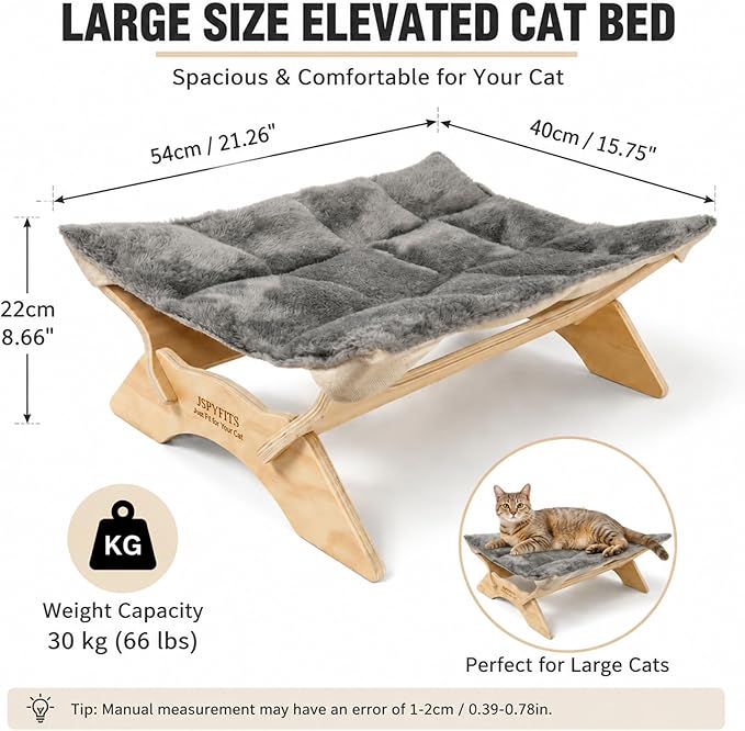 JSPYFITS Elevated Cat Bed Hammock, Raised Orthopedic Dog Bed with Dual-Sided Plush & Linen Cushion, Modern Cat Furniture for Medium to Large Cats, Easy Assembly(Gray)