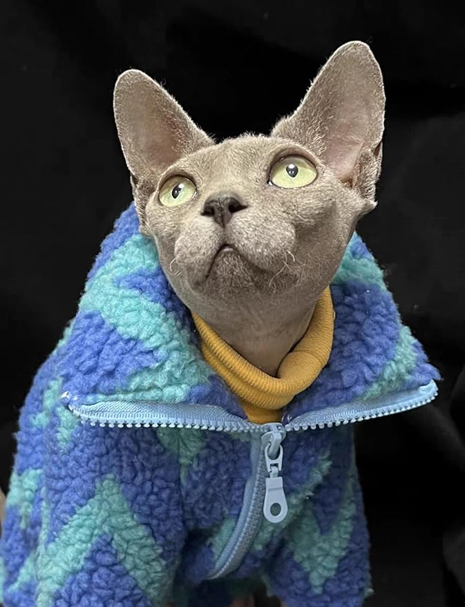 Turtleneck Sphynx Cat Winter Clothes, Double-Sided Fleece Jacket with Zipper, Sweater for Sphynx Cat Winter Warm Outfit Coat for Hairless Cats and Small Dogs Apparel with Sleeves (Lightning, Medium)