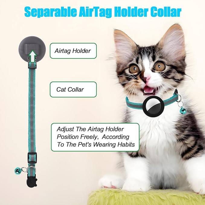 Reflective Cat Collar Fits for AirTag Holder, Breakaway Safety Buckle, Bell & Adjustable Strap for Cats Kittens - Compatible with Apple AirTag, Anti-Lost Pet Tracker Collar,Teal