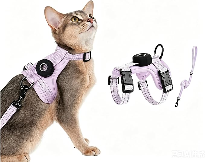 Cat Harness and Leash Set with AirTag Holder, Reflective,Soft Adjustable Kitten Harnesses for Small Medium Large Cats, XS-S (Purple, XS：3.3-8.8lbs)