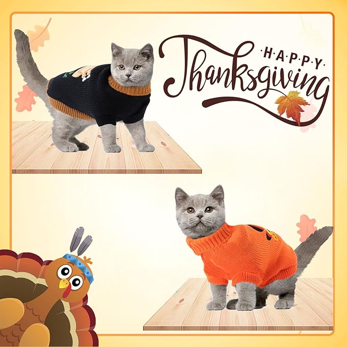 2 Packs Knitted Cat Sweater Thanksgiving Turtleneck Turkey Sweater Pet Cat Sweaters for Cats Warm Pullover Small Dog Puppy Knitwear