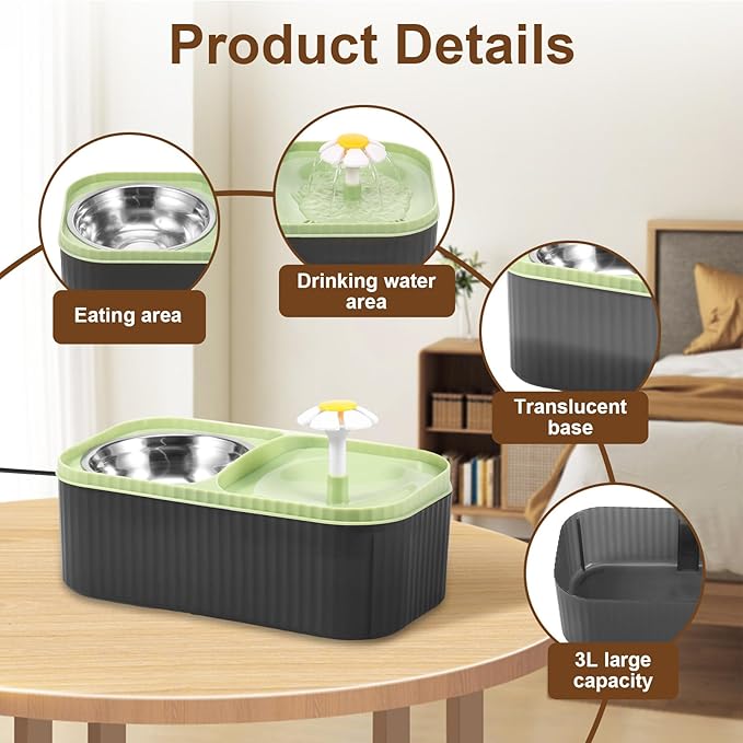 Cat Water Fountain and Food Bowl, 101oz/3L Automatic Fountain Water Bowl, Cat Food & Water Dispenser Set,Stainless Steel Dog Feeder, Pet Feeding & Watering Supplies for Pets (Green, 1)
