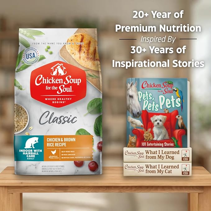 Chicken Soup for the Soul All Natural Premium Indoor w/Hairball Care Adult Dry Cat Food, Real Meat First Ingredient, No By-Products, Supports Intestinal Health, Chicken & Brown Rice, 4.5lb