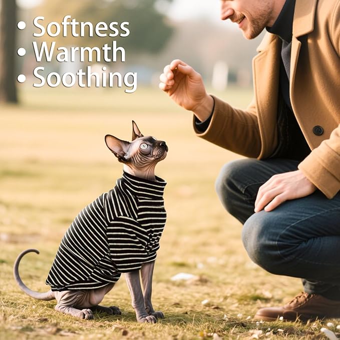 Sphynx Cat Sweater Hairless Cat Clothes Sweater Shirt Soft Warm Long Sleeves Pullover Pet Clothes Pajamas Dog Cloth for Small Dogs Jumpsuit Pet Sweaters (B&W Striped, Medium)