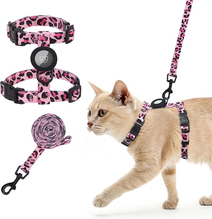 SCENEREAL Adjustable Cat Harness and Leash Set with AirTag Holder, Escape-Proof Design for Small to Large Cats, Lightweight Soft Travel Harness, Pink Leopard