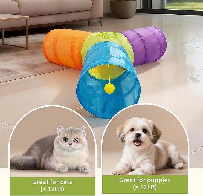 Cat Tunnel Tube Toys 3 Way Collapsible, Interactive Play Tube with Hanging Ball, Cat Tunnels for Indoor Cats, Cat Play Tunnel with Peek Hole for Kitty, Kitten, Rabbit, Puppy