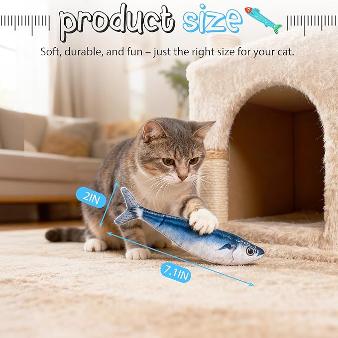 Cat Toys Flopping Fish 3 Pack Rechargeable Cat Toys Interactive for Indoor Exercise with Catnip, Moving Cat Toy 3 Flapping Mode 7.1 Inches Electric Realistic Plush Wiggle Fish