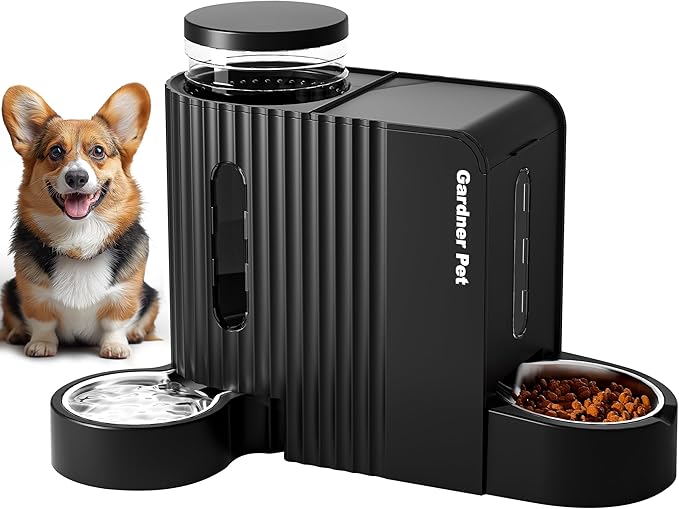 Automatic Gravity Pet Feeder, 1.8 Gallons*2 Dog Feeder and Water Dispenser Set, 2-in-1 Automatic 100% BPA-Free Feeder and Stainless Steel Water Dispenser for Dogs, Cats, Rabbits, Puppies (Black)