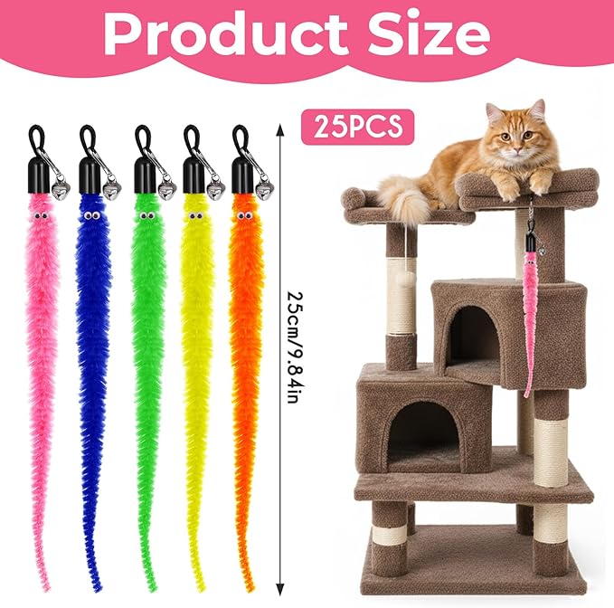 25 Pcs Cat Worm Toy Replacement Teaser with Bell, Colorful Fuzzy Worms Interactive Cat Wand Attachment Toys Cats Wand Toys for Indoor Cats Kitten Play Exercise