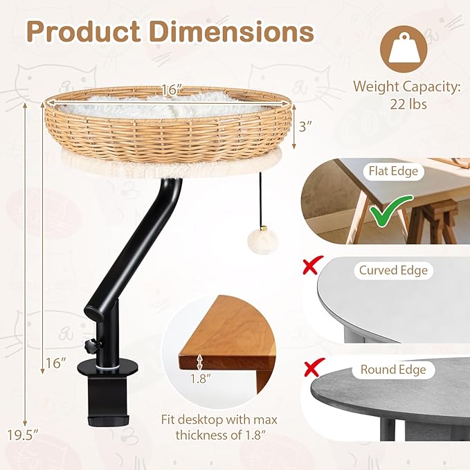 Tangkula Cat Desk Bed, 360° Rotatable Rattan Desk Cat Bed Attachment with Removable Padded Cushion, Hanging Jingling Ball & Secure Clamp, Elevated Pet Nest Perch Hammock for Various Desktops