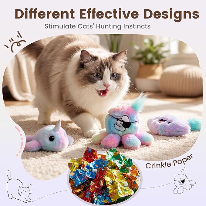 3 Pack Flapping Cat Toys with Catnip *3, Cat Plush Toy w/ Chirp & Crinkle Paper, USB-chargeable Floppy Wiggle fish for Bored Cats,Interactive Kitty Exercise Toy, Indoor Cats & Kitten Moving Kicker