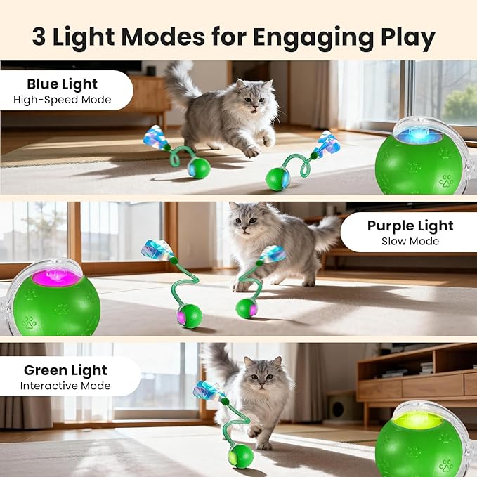 Rocfish Cat Toys, Cat Toys for Indoor Cats, Cat Toys Interactive, 360° Rotating Automatic Interactive Cat Ball, Smart Activation, LED Light, Type-C Rechargeable, 3 Replaceable Dragonfly Tails (Green)