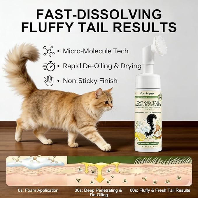 Cat Oily Tail Cleanser-Gentle 2-in-1 Wash Brush-Reduces Oil& Grease-PH Balanced No-Rinse Mousse-Witch Hazel and Sophora Extracts 5.1 fl oz