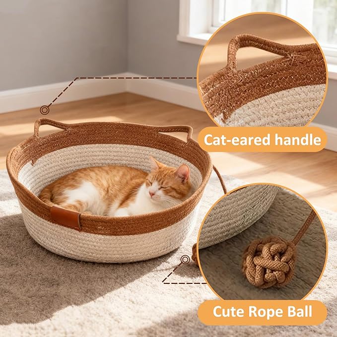 Instinct Basket for Cats - Handwoven Cotton Rope Enrichment Bed with Attached Toy Tail, Scratchable Interactive Pet Nest Features Flexible Walls to Fight Boredom & Protect Furniture (Brown, M)