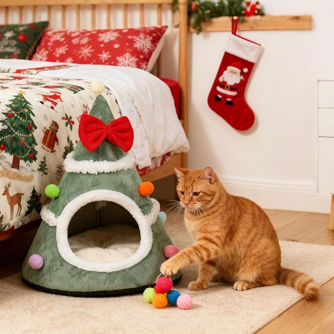 Christmas Cat House - Velvet Pet Tree House Nest, Warm Winter Sleeping Bag, Washable Furniture, Small Medium Large Breeds | Suitable for Bedroom Balcony Living Room Playing Resting Napping