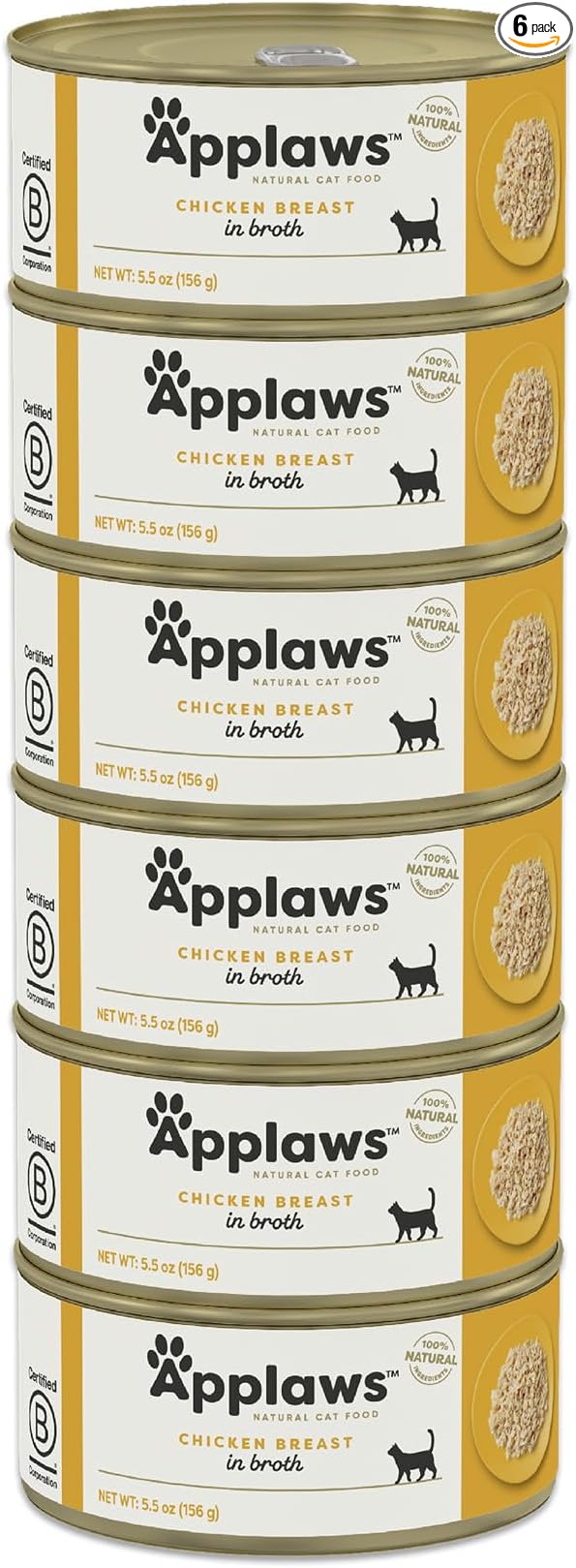 Applaws Natural Wet Cat Food in Broth, Limited and Natural Ingredients, High Protein with No Artificial Additives, Chicken Breast in Broth (6 x 5.5oz Cans)