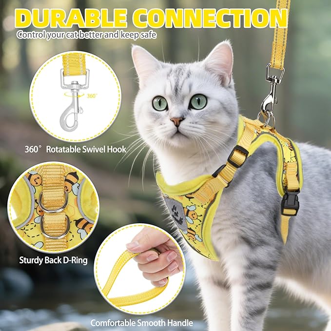 PUPTECK Cat Harness and Leash Set Escape Proof Reflective Cat Walking Harness Adjustable Soft Breathable Mesh Vest for Small Pets, Yellow Bee, S