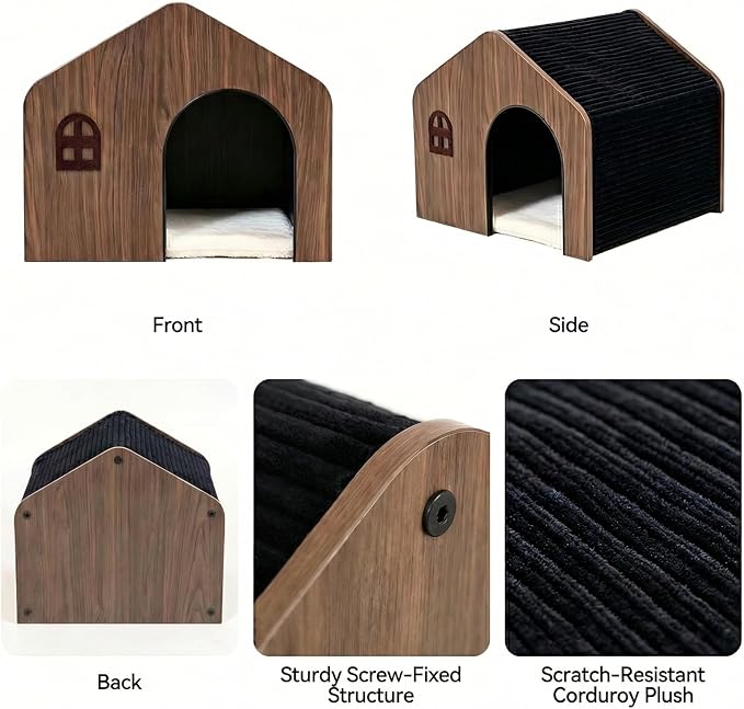 Wooden Cat House for Indoor Cats - Plush Corduroy Semi Enclosed Cat Condo, Dual Sided All Season Washable Cat Bed, Sturdy Modern Cat Furniture for Small & Medium Cats Up to 20lb/9kg