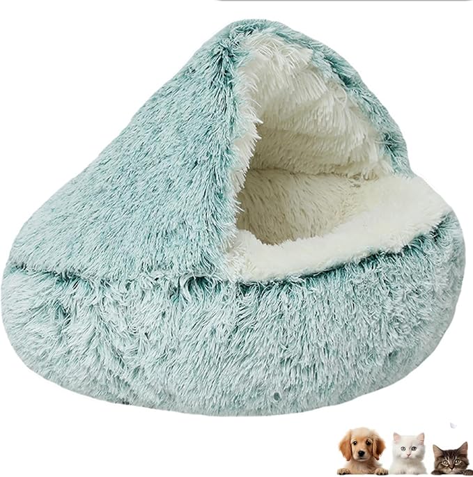 Cat Bed Round Fluffy Hooded Cat Bed Cave Puppy & Kitty,Cat Bed Round Plush Fluffy Hooded Cat Bed Cave, Cozy Cocoon Dog Bed Winter Warm Long Plush Cozy Nook Dog Bed.,23.6IN,Green