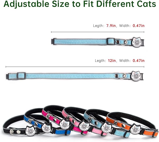 Cat Collar with Bells Reflective Cat Collars Breakaway with Oxford Cloth Soft Padding Adjustable Kitten Collar with QR（CodeCaribbean Blue）