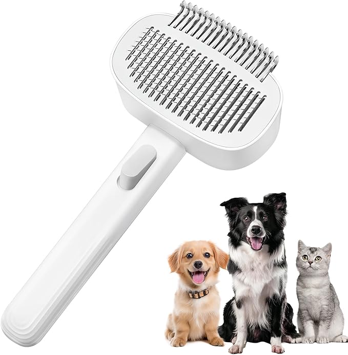 Self Cleaning Slicker Brush for Dogs Cats, Deshedding Dematting Grooming Tool for Long Haired Pets, Removes Matted Fur & Tangles, White