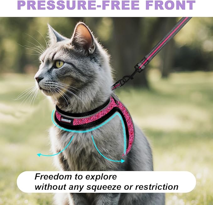 Cat Harness and Leash Set,Escape Proof Kitten Harness,Step in Adjustable Soft Lightweight,Easy Control,Reflective Strips Comfortable for Walking Travel(Pink/Black,XS)