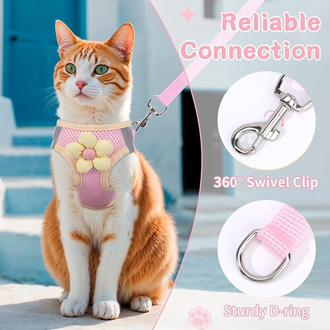 Cat Harness and Leash Set for Walking Escape Proof, Adjustable Kitten Harness Breathable Mesh with Reflective Strips Harness with Flower for Kitty Puppy Bunny Pink M