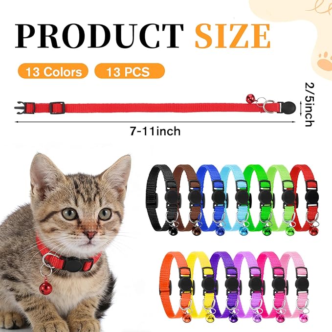 13 Pcs Cat Collar Breakaway Collar for Cats Colorful Cat Collars with Bell Adjustable Safety Buckle Kitten Collars Mixed Colors