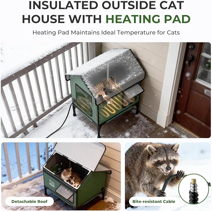 Outdoor Cat House Weatherproof – Insulated Feral Cat Shelter with Heating Pad, Water Resistant 900D Oxford, Anti-Peep Curtains & Escape Door, Elevated Design for All Seasons, Small