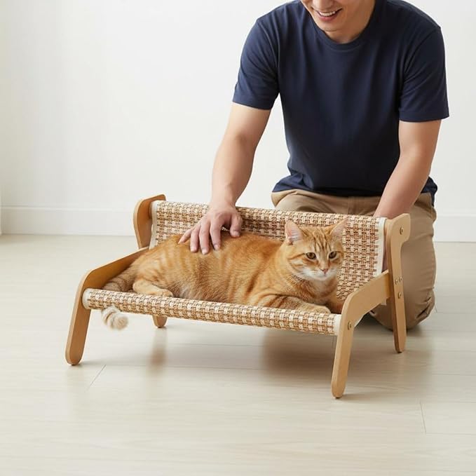 Cat Scratcher Bed No Shedding Cat Lounge Bed Animal Furniture for Hefty Cats, Linen Style