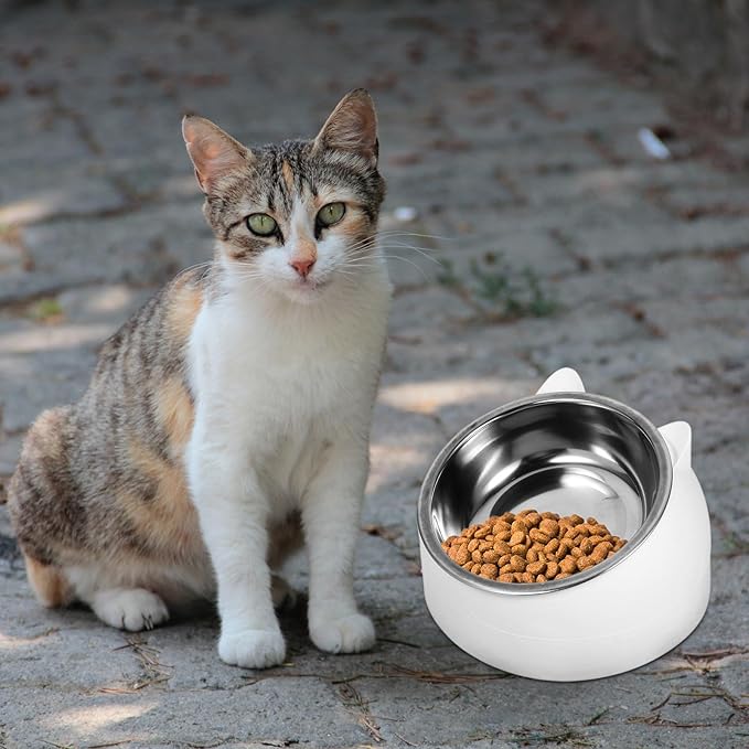 UPKOCH 200ml Anti-Spill Stainless Steel Cat Bowl with Neck Protection and Tilted Design, Small White Pet Feeding and Watering Bowl for Cats