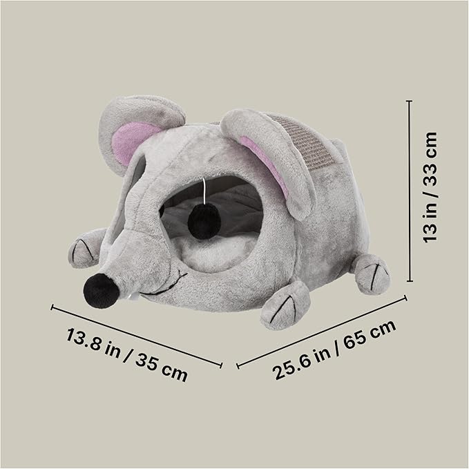 TRIXIE Lukas Cuddly Cave in Gray - Mouse-Shaped Cat Hideaway with Sisal Scratching Surface, Crinkle Ears & Interactive Cat Toys for Indoor Cats – Plush Condo, Removable Cush. 13.8" × 25.6" × 13", Gray