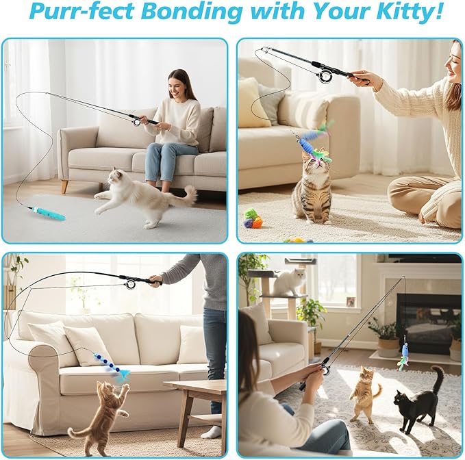 Pawaboo Cat Teaser Wand Toys, Cat Fishing Pole Toy with 3 Pack Feather Refills, 3-Section Retractable Kitten Feather Toys with Pulley, Indoor Cats Teaser Catcher Exerciser with Bell, Blue