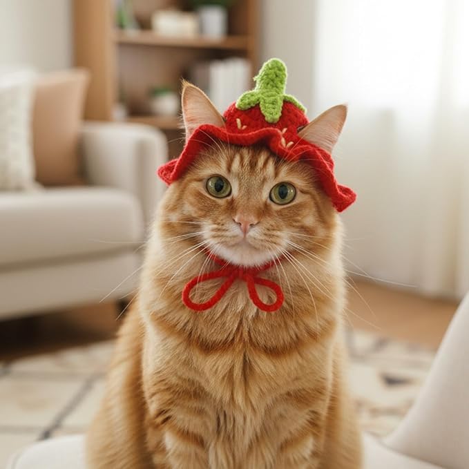 2pcs Cat Crochet Hat Crochet Hats for Kittens Cute Knitted Hat Frog and Strawberry Cat Hats Cartoon Strawberry Design Knit Cotton Soft Only Puppy Small Pets On Christmas Birthday Party Halloween