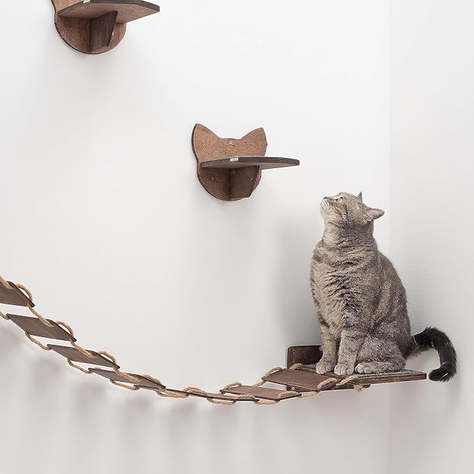 Wood Cat Bridge Cat Steps Cat Bed Wall Cat Toy Rustic Cat Tree Wall Decor Cat Lover Gift New Home Gift Cat Furniture Wall (Dark Walnut, Bridge & 3 steps)