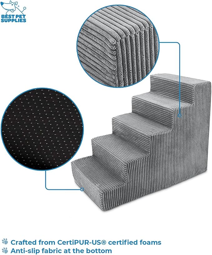 Best Pet Supplies Dog Stairs & Steps - Foam Steps for Small Dogs & Cats, Non-Slip Indoor Balanced Pet Step Support, Dog Ramp, No Assembly, Gray, 5-Step (22.5-inch Height)