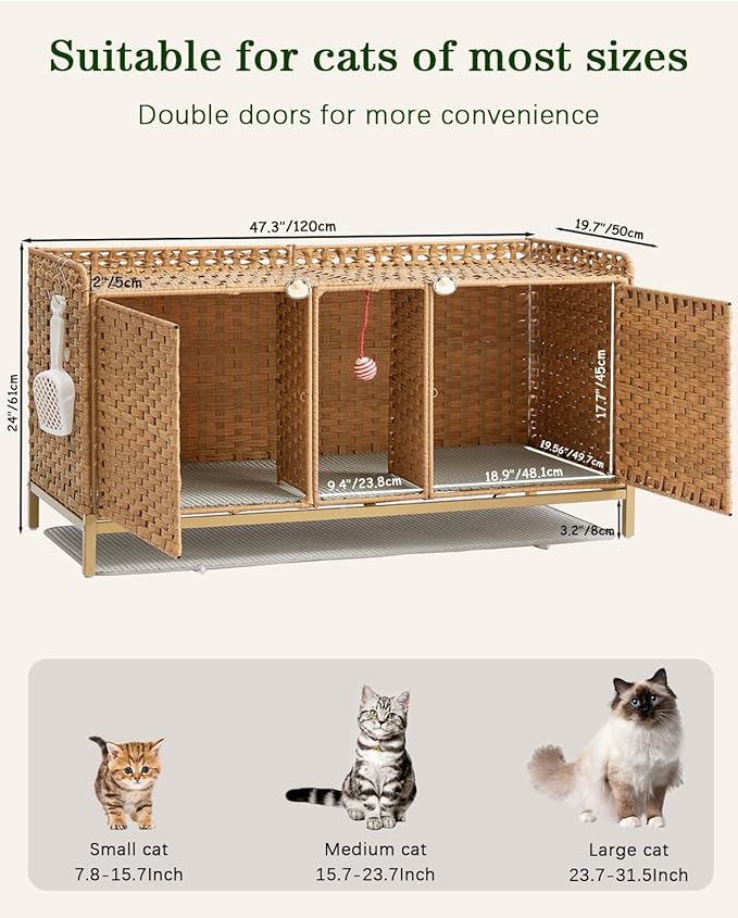 SETVSON Cat Litter Box Enclosure for 2 Cats, Hidden Litter Box Furniture with Mat, Large Rattan Cat House with Double Room and Door, 47.3 L x 19.7 W x 24 H, 2 S-Shaped Hooks for Living Room Natural