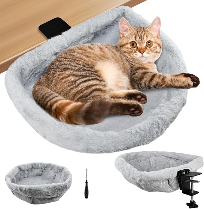 Cat Desk Bed, Ca-t Bed for De-sk, Modern Cat Desk Hammock for Various Desktops, Dual Clamps & Sunken Hammock Design, Holds Up to 40lbs(Color:Light Gray)