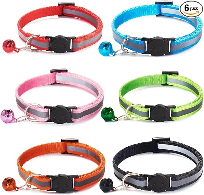 Reflective Collar with Bell, Nylon Safety Breakaway Collar for Cats, Soft & Adjustable Pet Necklace, Assorted Bright Colors 6-Pack (Fits 19-32 cm / 7.5-12.5 Inches)
