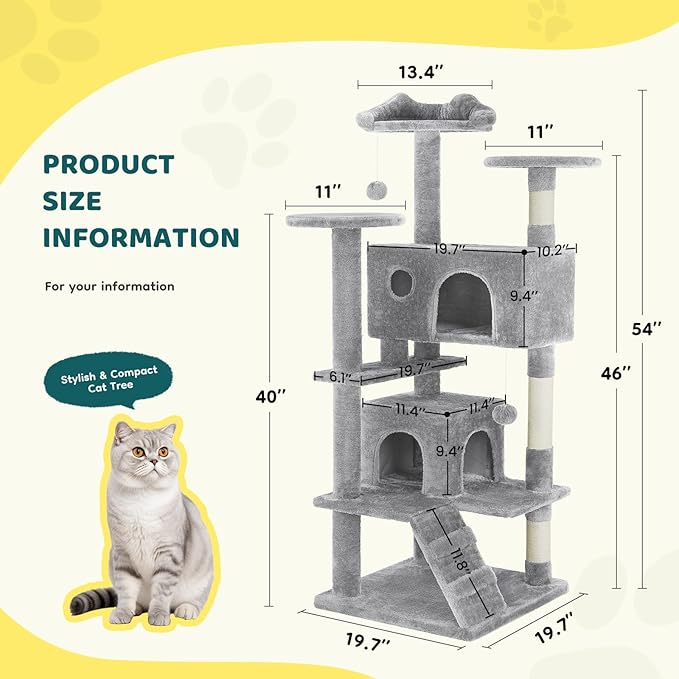 DUMOS 54 Inch Cat Tree Tower, Indoor Multi-Level Pet House for Large Cats with 2 Condos, Scratching Posts, Round Platform, Small Ladder, and Toys, Light Grey