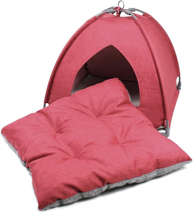 Winsterch Cat Bed Cave for Indoor Cats, Small Pet Tent Cave for Cats, Kittens, and Small Dogs, Warming Cat House with Removable Washable Cushion (18.5'‘ x 18.5’' x 15.8'',Red)