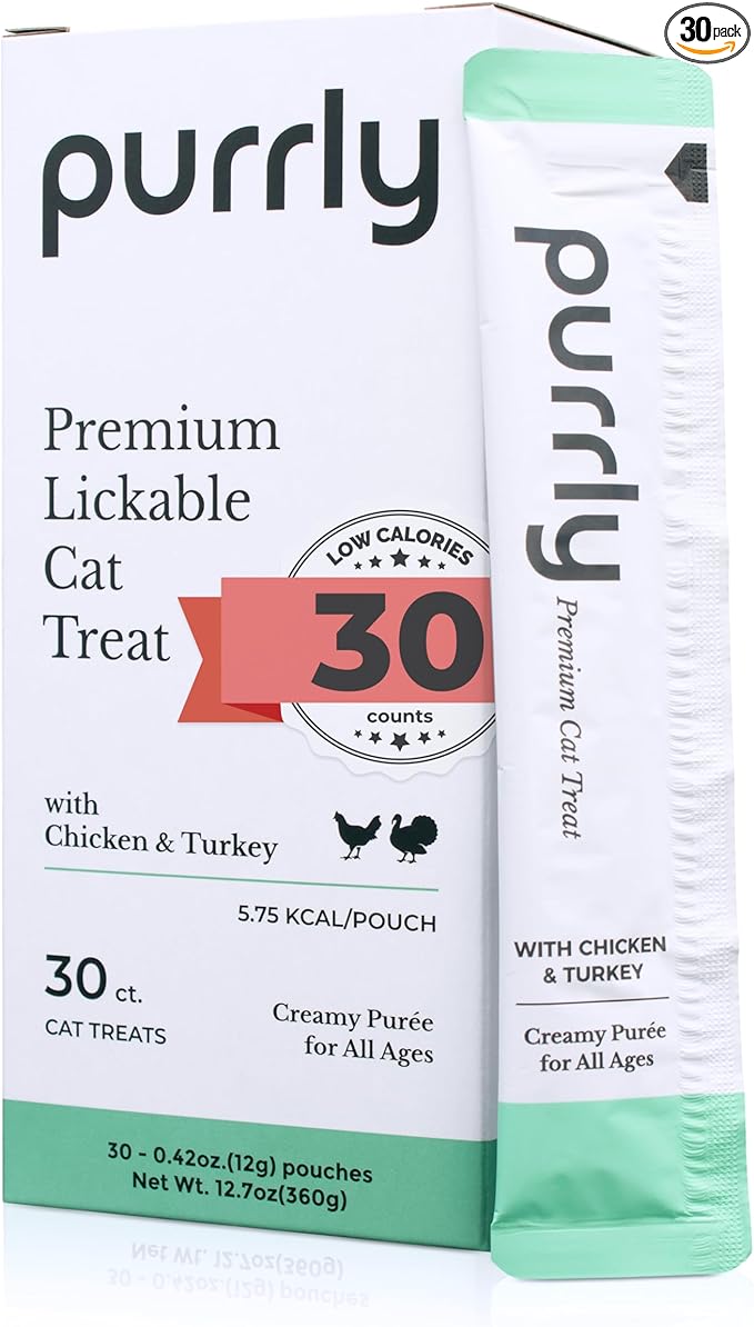 Purrly Interactive Lickable Cat Treats Low Calorie Human-Grade Chicken Breast & Turkey with L-Lysine & Astaxanthin for Immunity (30 Count) Hydrating BPA-Free Grain-Free Non-GMO All Ages Low-Phosphorus