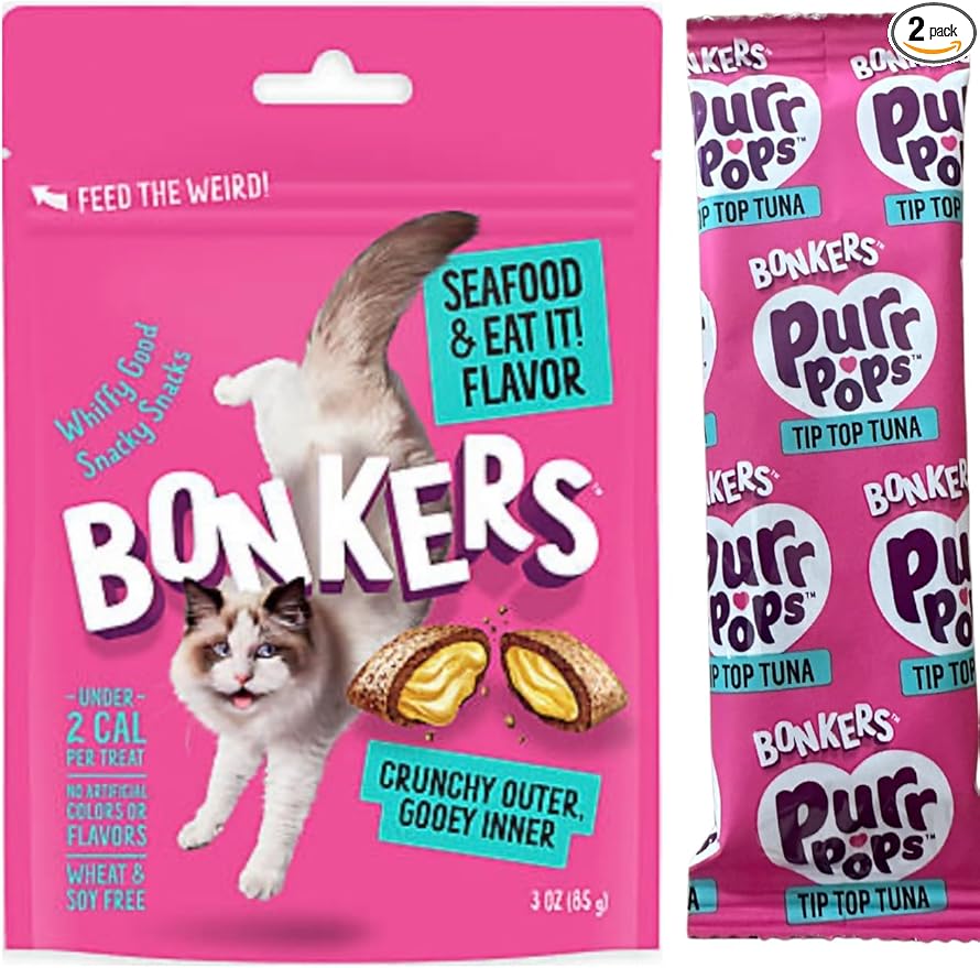 Bonkers Cat Treats, Seafood Flavor, Crunchy Outer Gooey Inner, 3 oz Bag with Tuna Purrpop