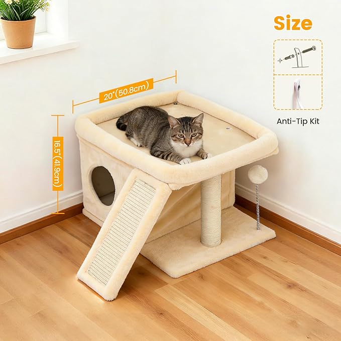 Cat Tree, Compact Cat Tree for Small Spaces, Heavy Duty Cat Tower for Large Cats,Small Cat Tower with Cat Scratching Post & Bed, Cat Condo Climbing Furniture for Indoor Cats (Off-White)