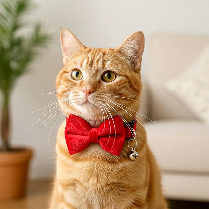 Trinkrittey 2 Pcs Solid Color Velvet Cat Collar with Bell and Removable Bowtie, Adjustable Breakaway Cat Collars Cute Cats Bow Tie Collar for Pet Wedding Party Halloween, Rose Red and Red