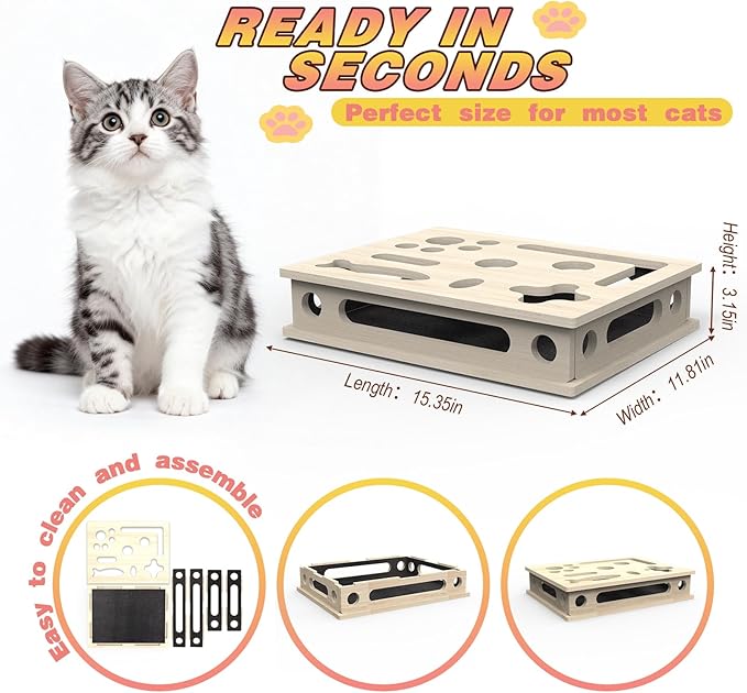 Cat Scratch Puzzle Enrichment Box, Interactive Cat Nail File Box with Sandpaper Liner for Cat Claw Care, Cat Scratch Puzzle Box - Stress Free Alternative to Clippers & Grinders for Indoor Cats