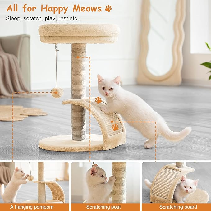 Goozii Cat Scratching Post Tower for Indoor Cats, Small Cat Tree Tower with Bed and Hanging Ball Toys, Short Modern Carpet Kitten Scratcher Stand with Large Round Perch and Scratch Ramp (Beige)